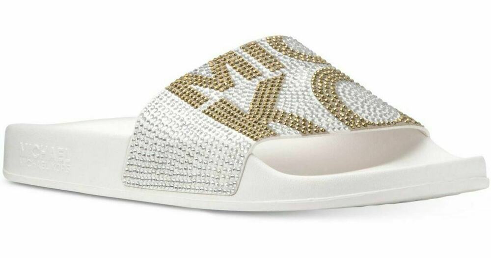 Michael Kors Gilmore Crystal Slides White MK Logo Women's Size 11~NEW